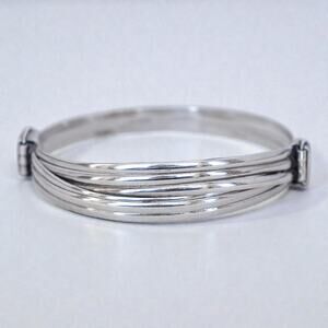 Vintage 925 Silver Modernist Wire Wrap Bangle Tension Adjustable 8.5" Chunky
